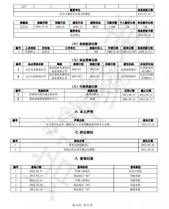 15页的新版个人征信报告完整版曝光