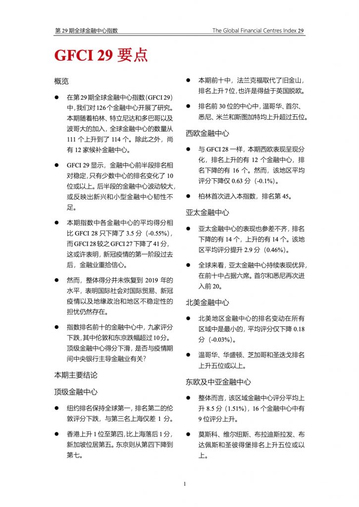 全球金融中心指数报告（GFCI 29）